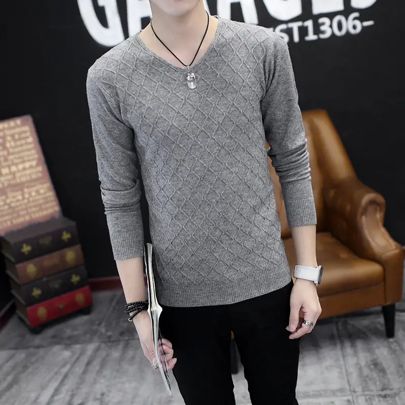 White V-Neck Mesh Sweater Men Slim Fit Autumn Winter