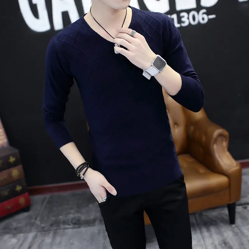 White V-Neck Mesh Sweater Men Slim Fit Autumn Winter