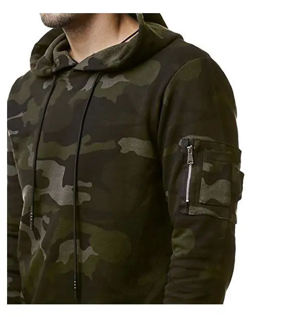 Men Camouflage Hoodie Green Fleece Slim Fit