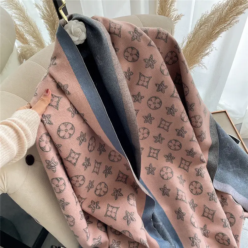 Double-Sided Warm Cashmere Scarf Pink Gray Winter Shawl
