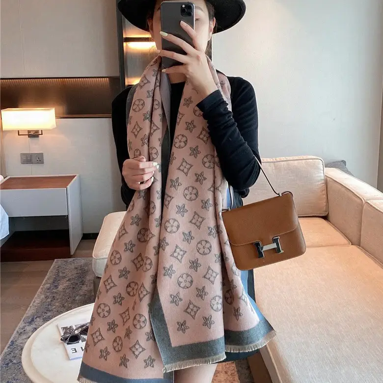 Double-Sided Warm Cashmere Scarf Pink Gray Winter Shawl
