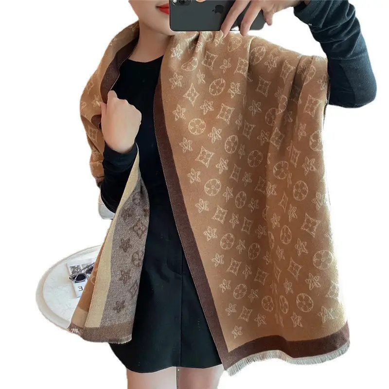 Double-Sided Warm Cashmere Scarf Pink Gray Winter Shawl