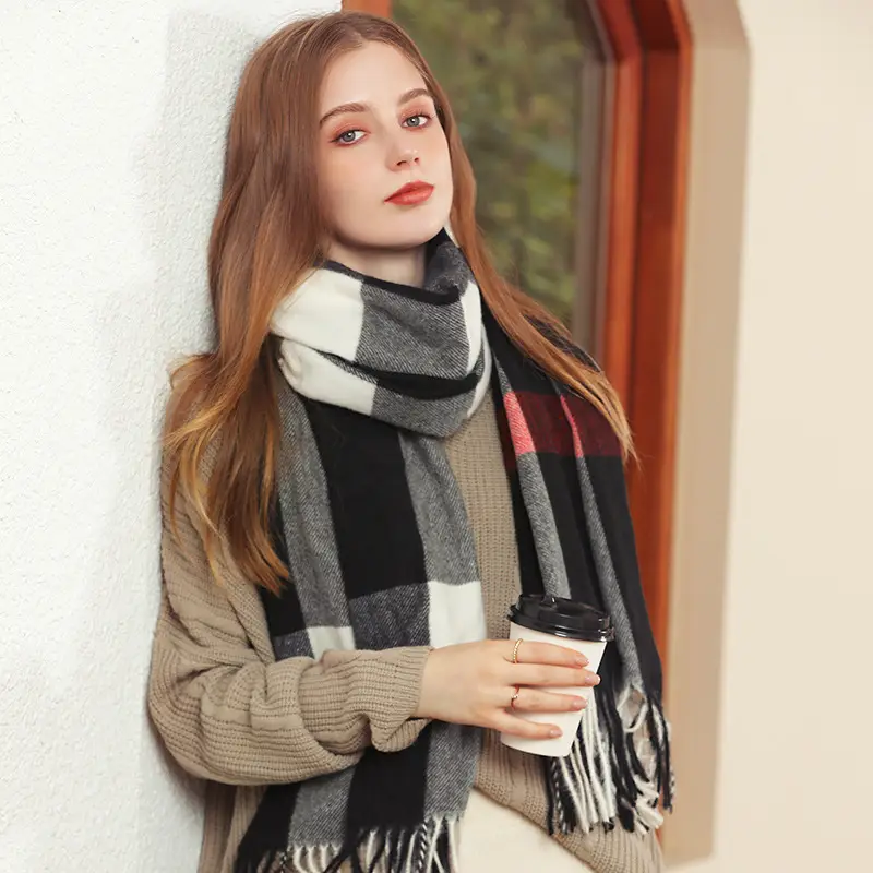 Women Cashmere Plaid Scarf Black Gray Winter Warm
