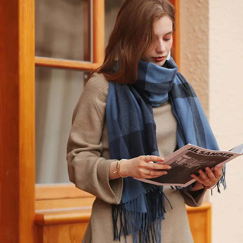 Women Cashmere Plaid Scarf Black Gray Winter Warm