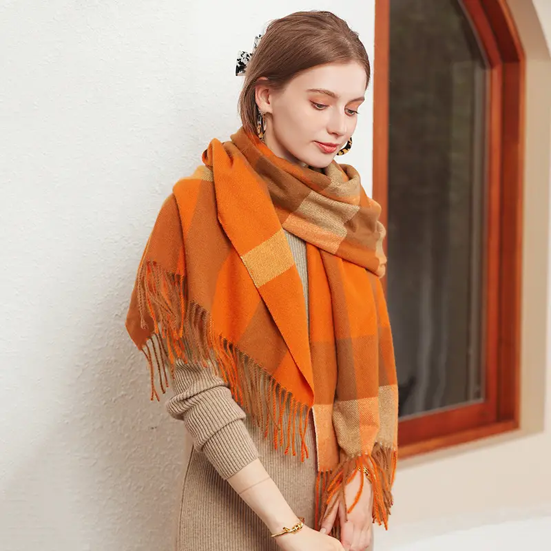 Women Cashmere Plaid Scarf Black Gray Winter Warm