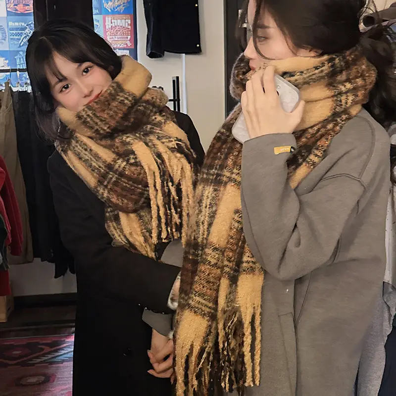 Women Plaid Scarf Winter Korean Style Couple Tassel Shawl
