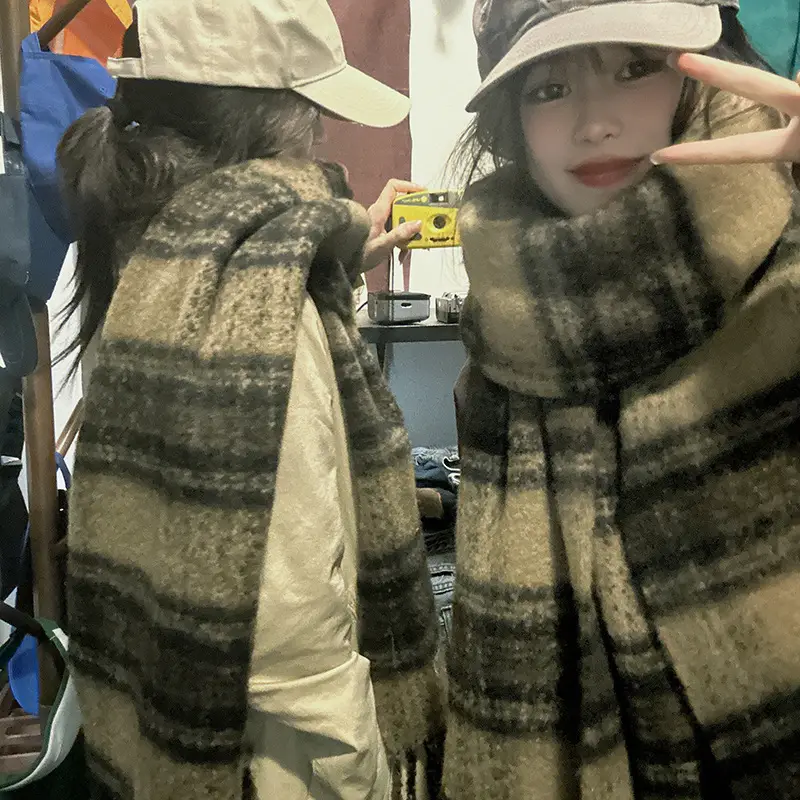 Women Plaid Scarf Winter Korean Style Couple Tassel Shawl