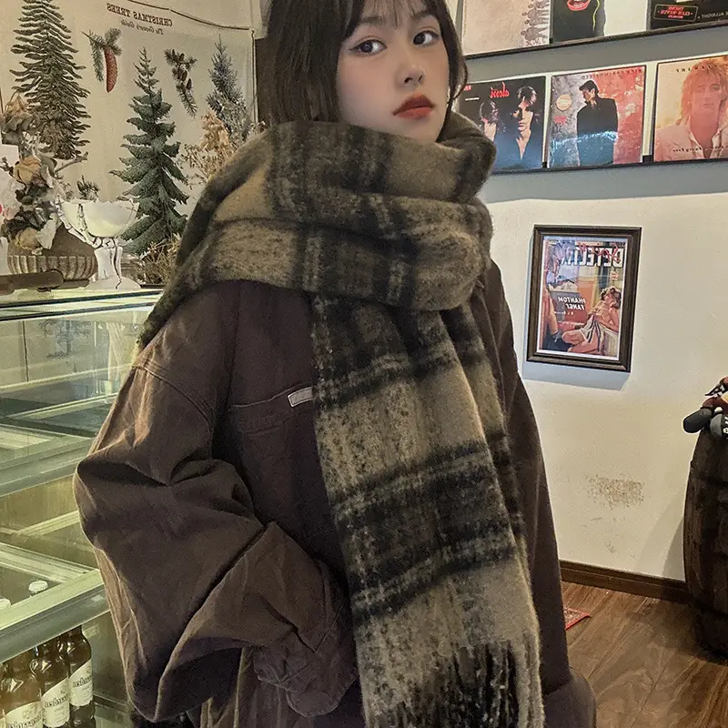 Women Plaid Scarf Winter Korean Style Couple Tassel Shawl