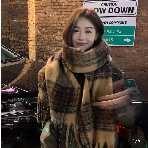 Women Winter Wool Scarf Coffee Brown Thick Knitted Shawl