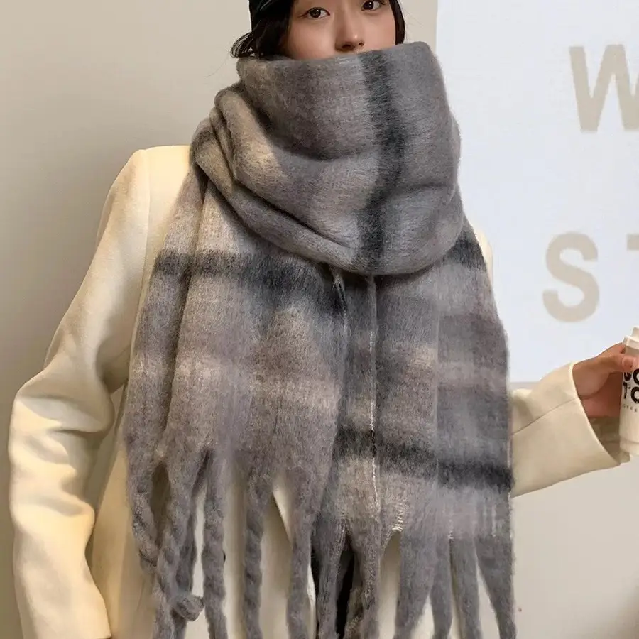 Women Mohair Rainbow Plaid Scarf Winter Warm Thickened