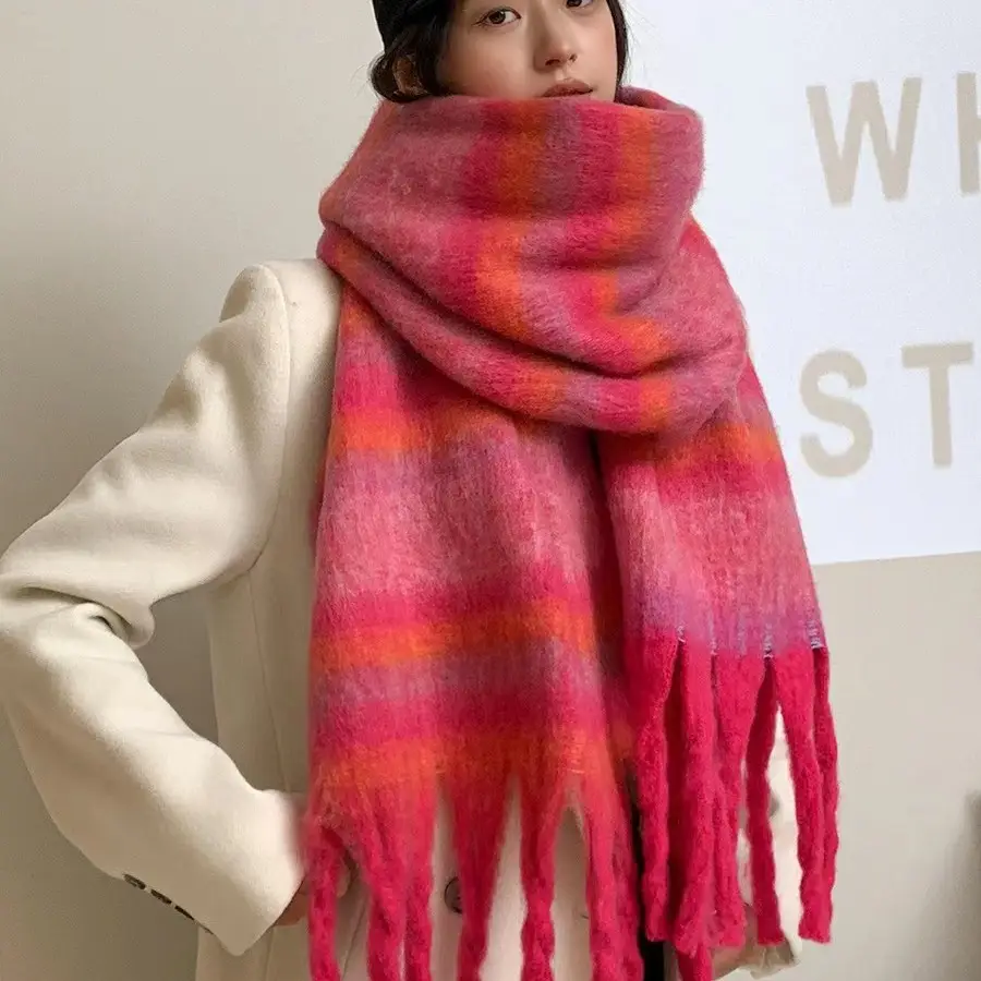 Women Mohair Rainbow Plaid Scarf Winter Warm Thickened