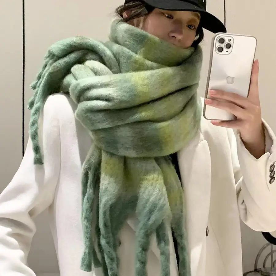 Women Mohair Rainbow Plaid Scarf Winter Warm Thickened