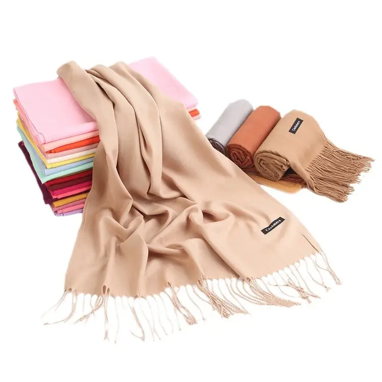 Women Red Cashmere-Like Scarf Winter Warm Tassel Shawl