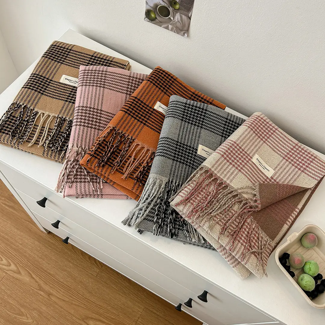Women Cashmere Plaid Scarf Shawl Winter Warm Dual-Sided