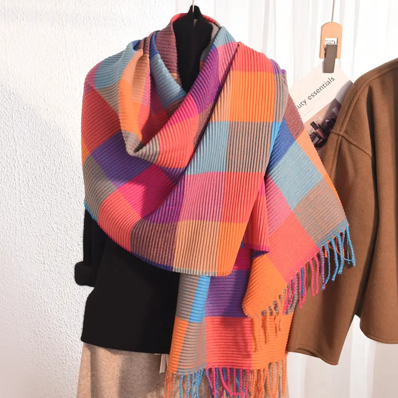 Women Cashmere Knitted Winter Scarf Brown Checkered Warm