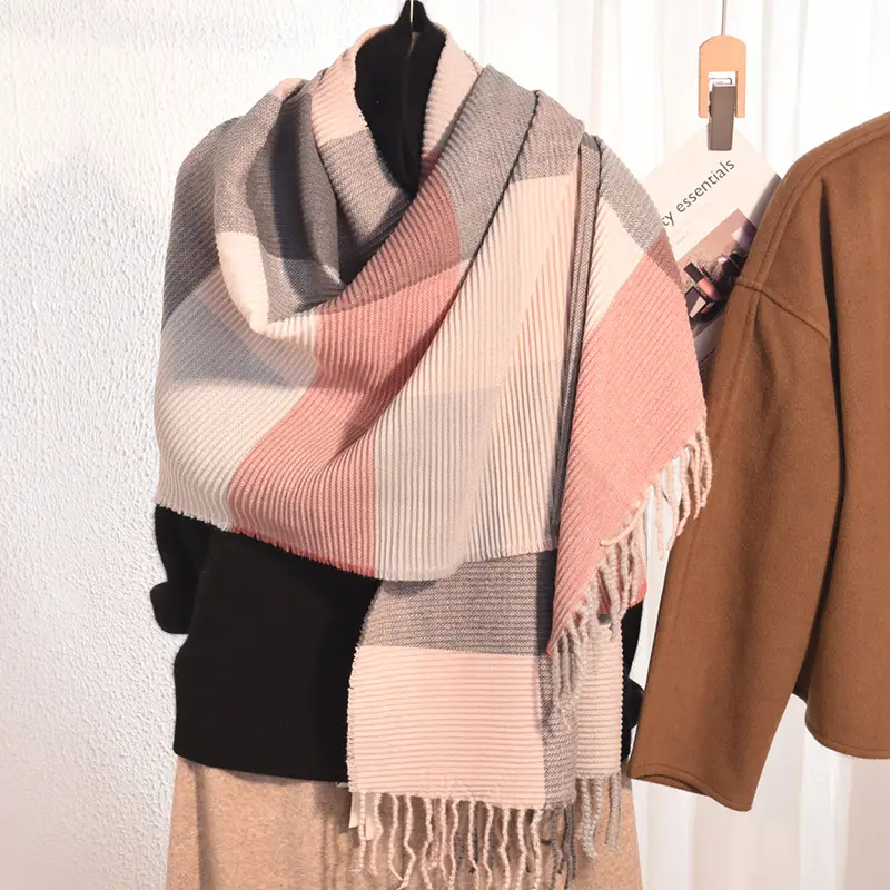 Women Cashmere Knitted Winter Scarf Brown Checkered Warm