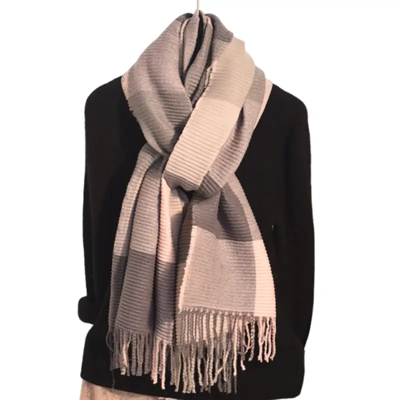 Women Cashmere Knitted Winter Scarf Brown Checkered Warm