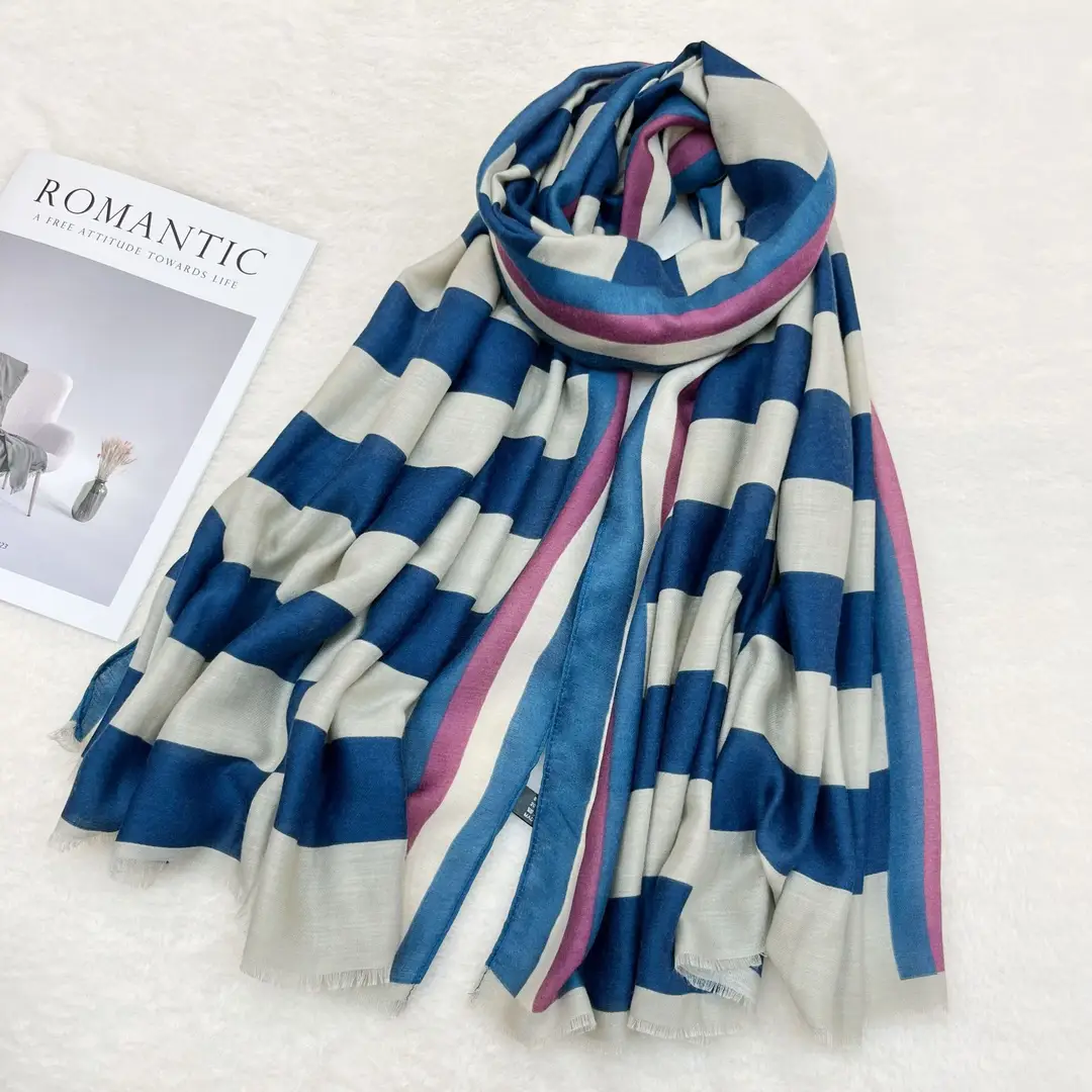 Women Black White Striped Cotton Scarf Winter