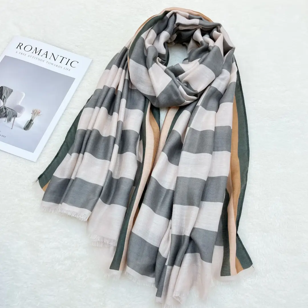 Women Black White Striped Cotton Scarf Winter