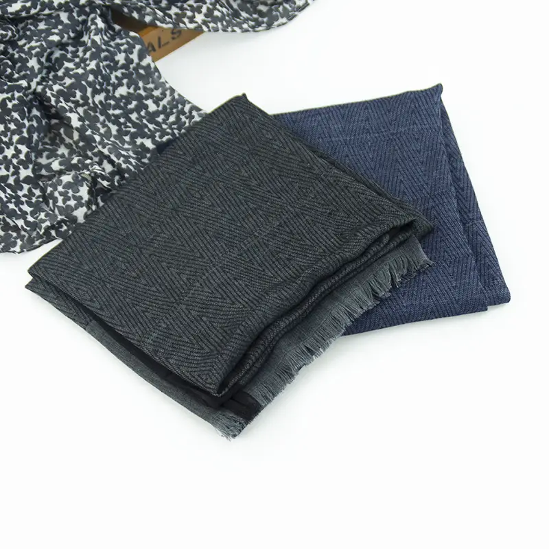 Men Cotton Linen Scarf Blue Gray Tassel Casual
