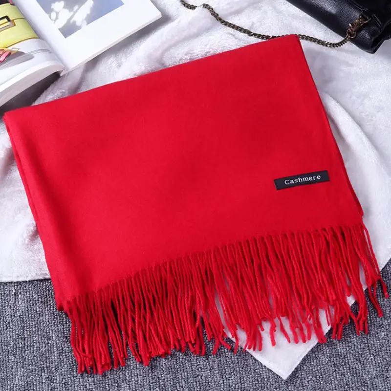 Red Imitation Cashmere Scarf with Tassels for Women
