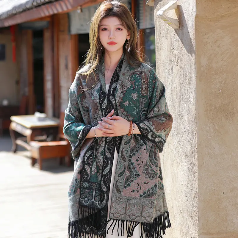 Women's Red Paisley Winter Shawl with Fringe