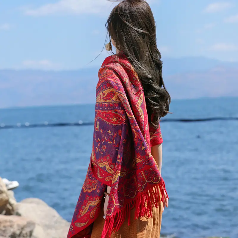 Women's Red Paisley Winter Shawl with Fringe