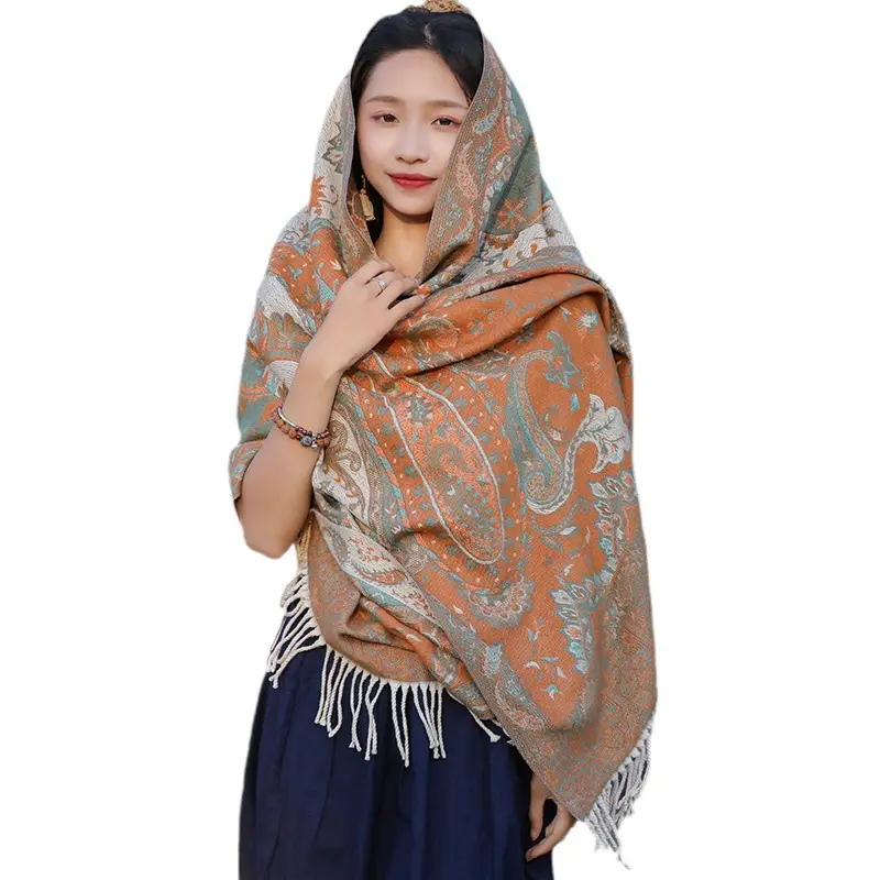 Women's Red Paisley Winter Shawl with Fringe