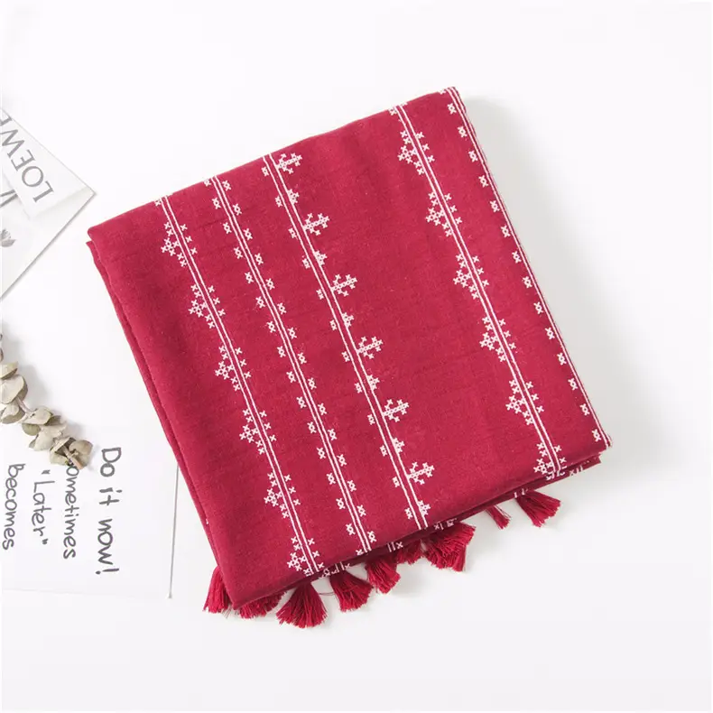 Women Cotton Linen Scarf Ethnic Floral Multi Color Travel Shawl