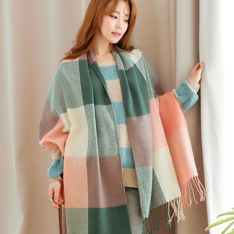 Women Plaid Cashmere Scarf Winter Long Warm Double-sided