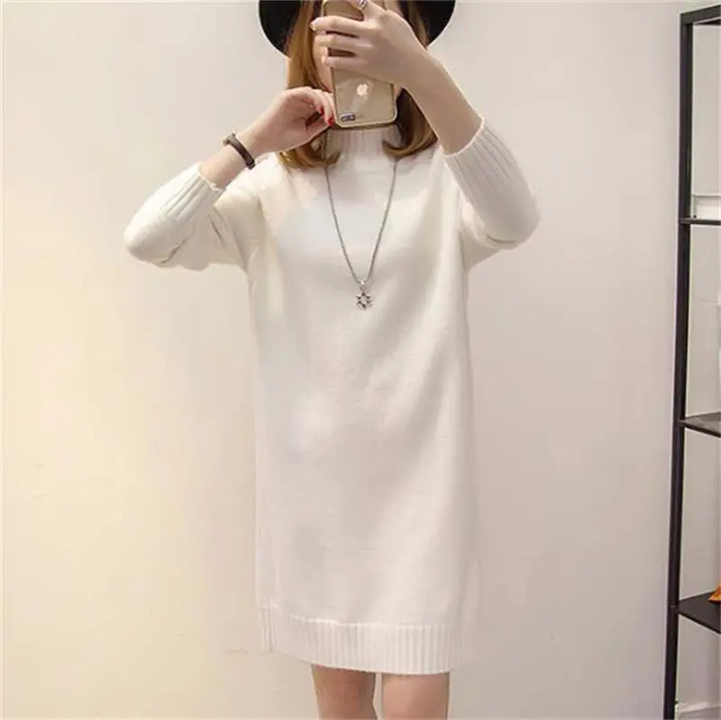 Women Half Turtleneck Knit Sweater White Loose Autumn