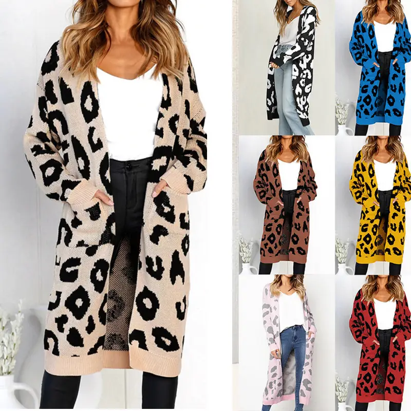Women Leopard Print Knit Cardigan Khaki Loose Winter