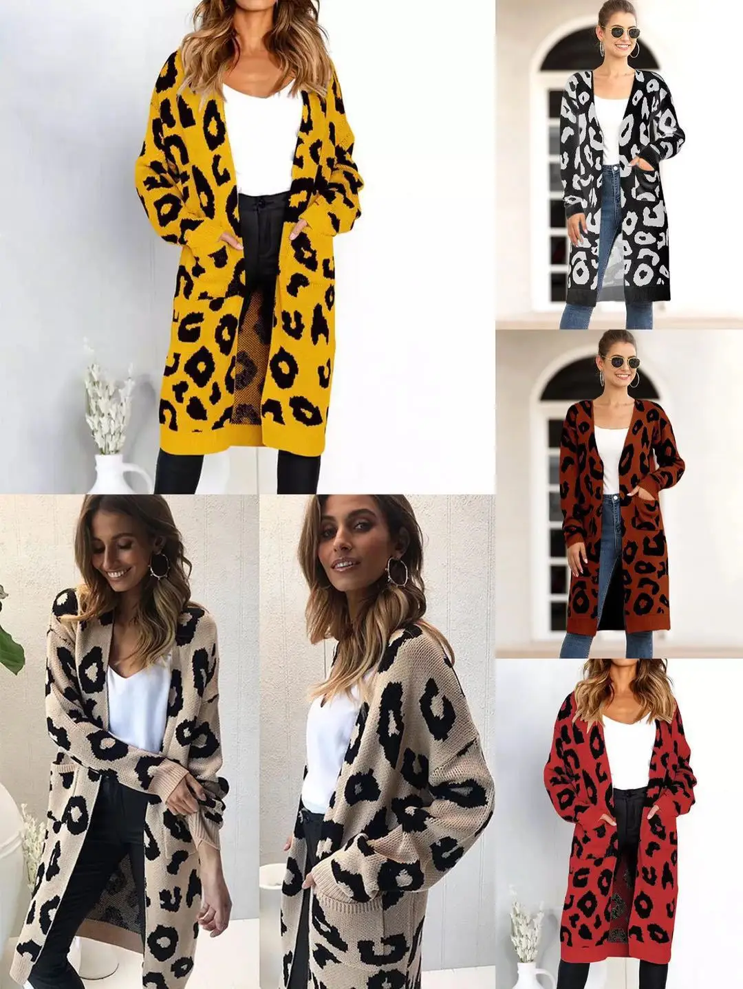 Women Leopard Print Knit Cardigan Khaki Loose Winter