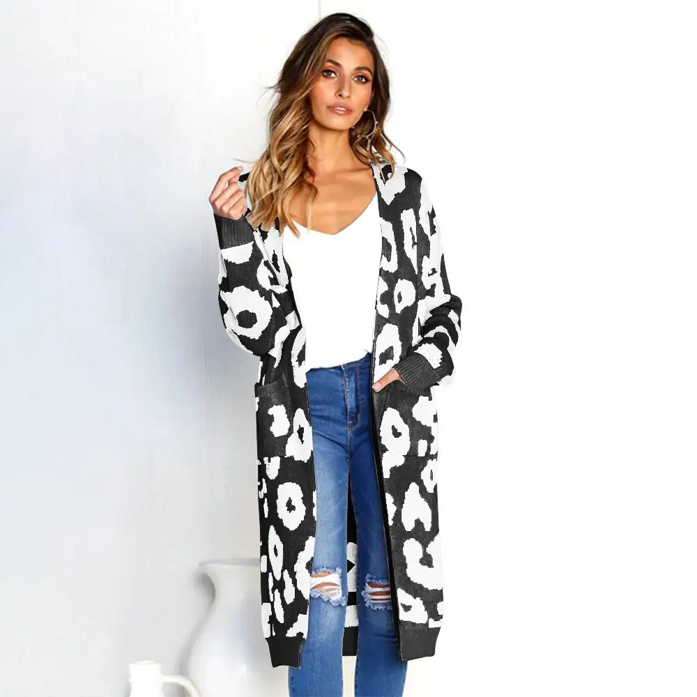 Women Leopard Print Knit Cardigan Khaki Loose Winter