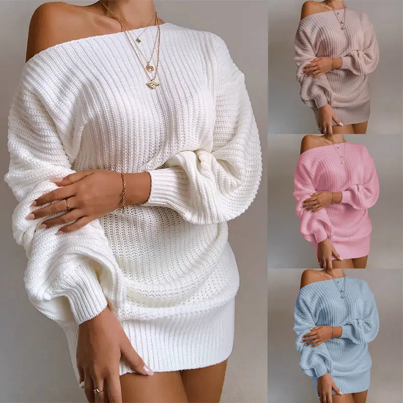 Women Off-Shoulder Knitted Sweater Dress White Pink Blue Winter Casual