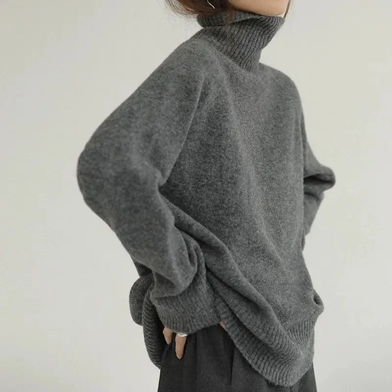 Women's Loose Turtleneck Knit Sweater Grey Winter
