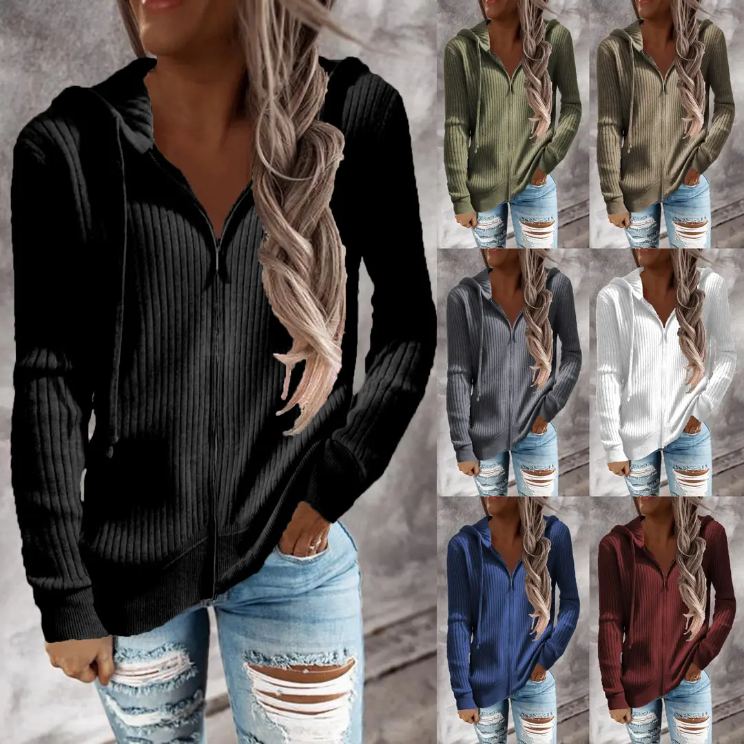 Women Ribbed Zip Hoodie Long Sleeve Winter Casual Sweater