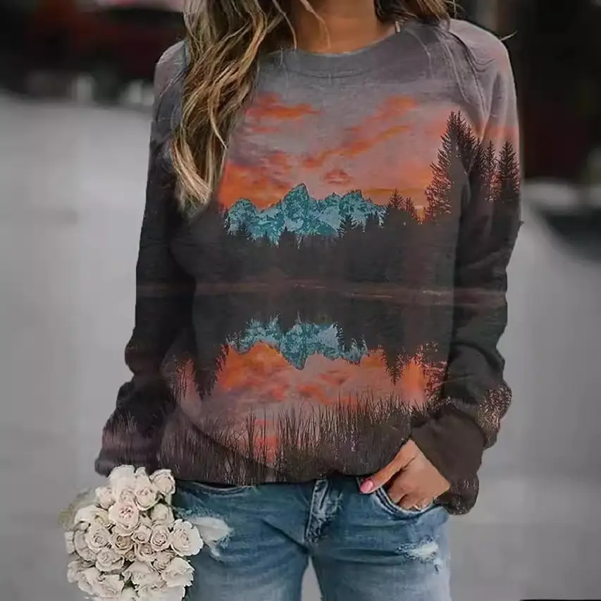 Women Printed Long Sleeve Sweatshirt Forest Sky Design