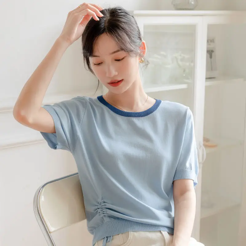 Women Ice Silk Short Sleeve Knit Top Round Neck Drawstring Tie Design