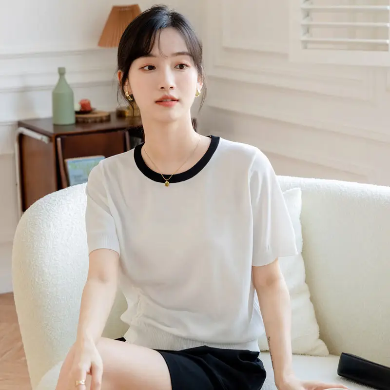 Women Ice Silk Short Sleeve Knit Top Round Neck Drawstring Tie Design