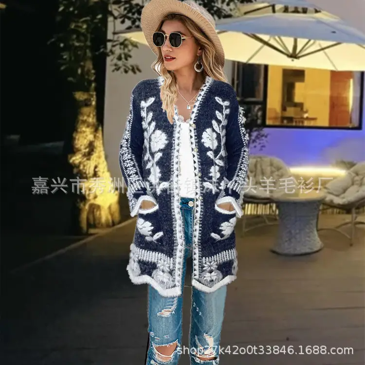 Women Floral Knit Cardigan Black Red Long Sleeve Sweater