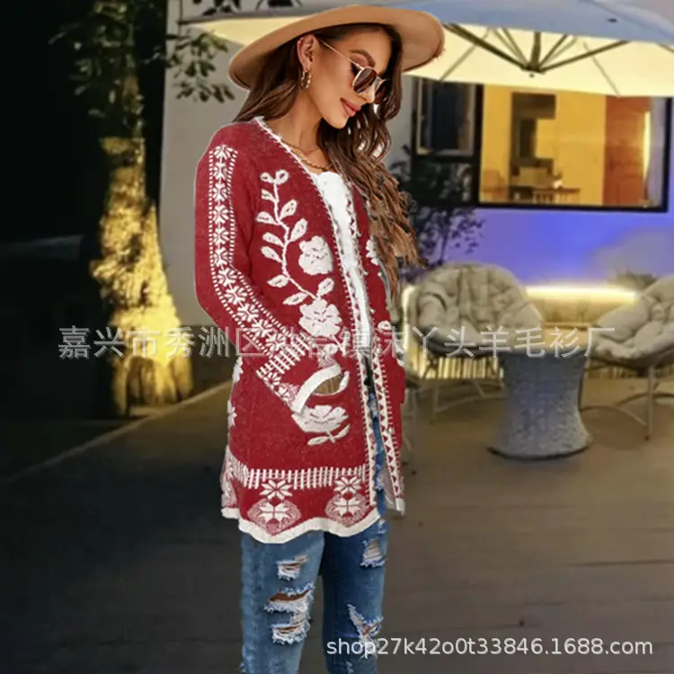 Women Floral Knit Cardigan Black Red Long Sleeve Sweater