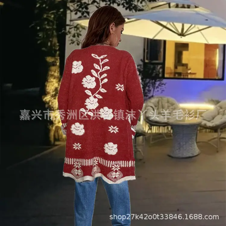 Women Floral Knit Cardigan Black Red Long Sleeve Sweater