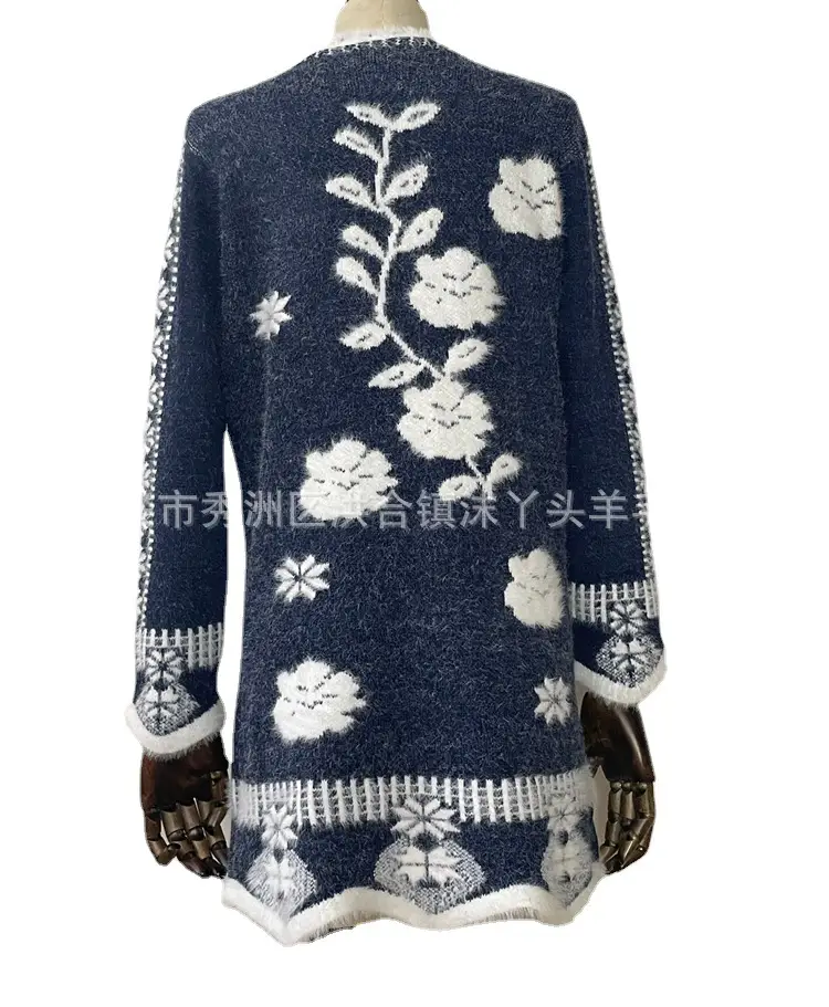 Women Floral Knit Cardigan Black Red Long Sleeve Sweater