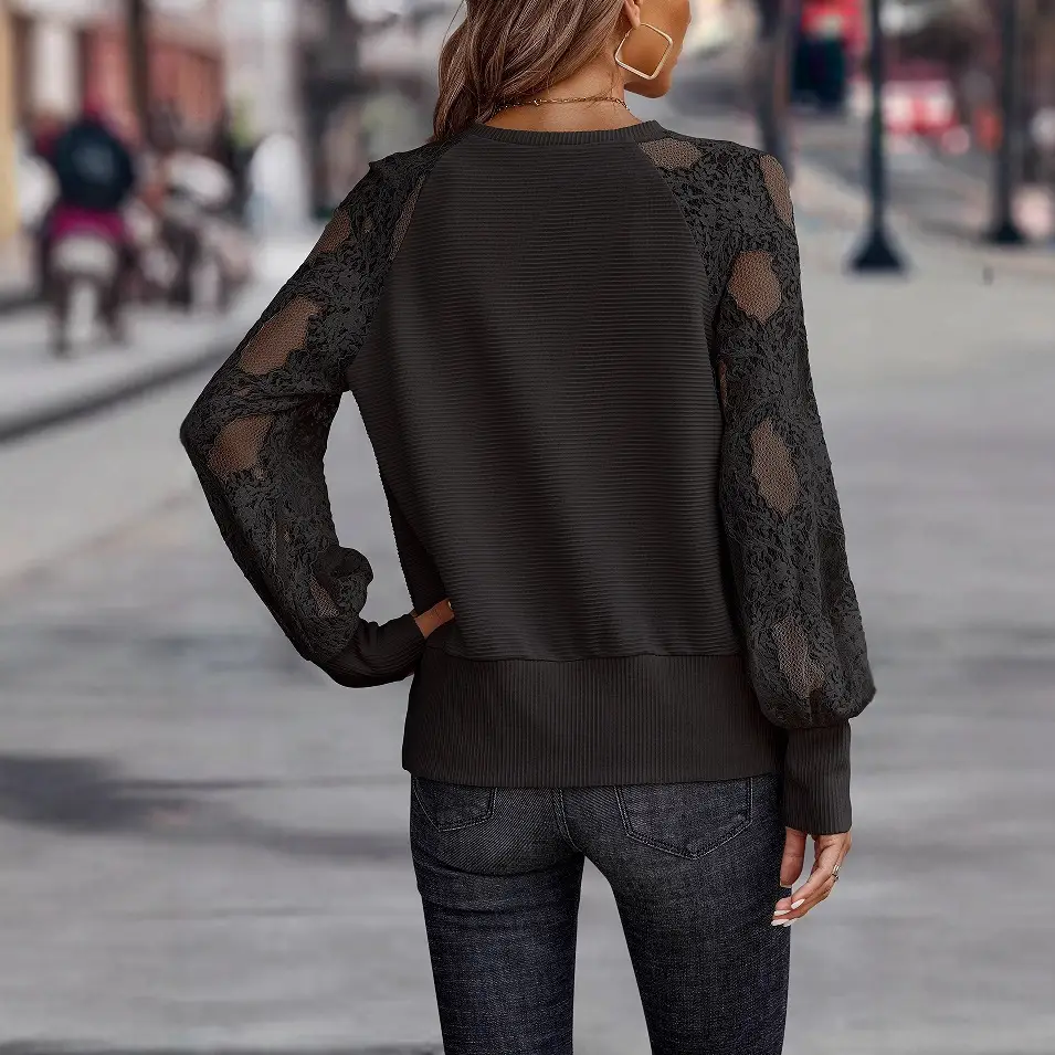 Women V Neck Lace Knit Top Loose Fit Winter Casual