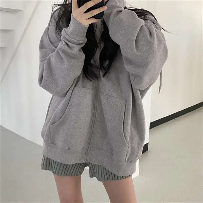 Women Grey Loose Zip Hoodie Autumn Trendy