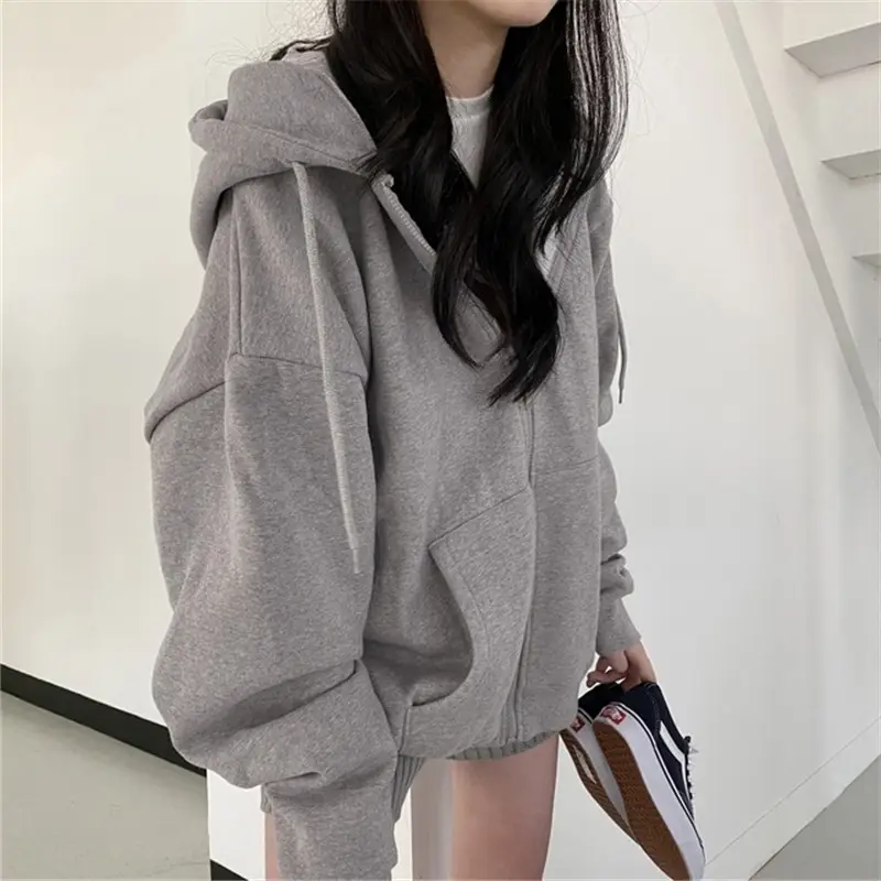 Women Grey Loose Zip Hoodie Autumn Trendy