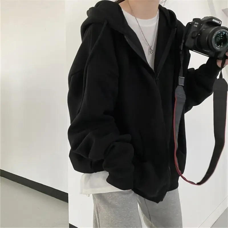 Women Grey Loose Zip Hoodie Autumn Trendy