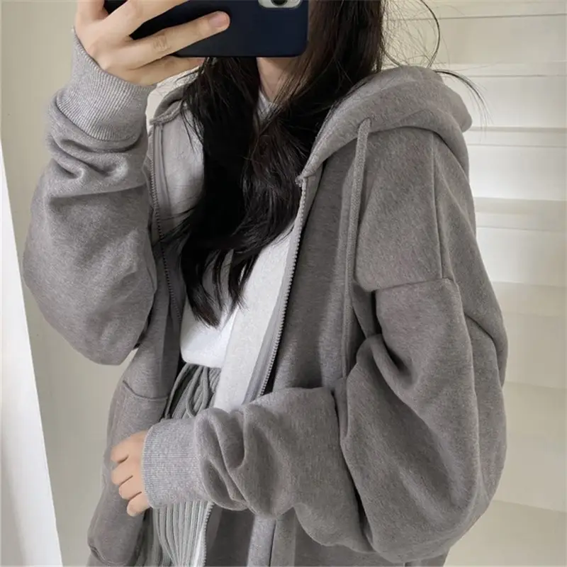 Women Grey Loose Zip Hoodie Autumn Trendy