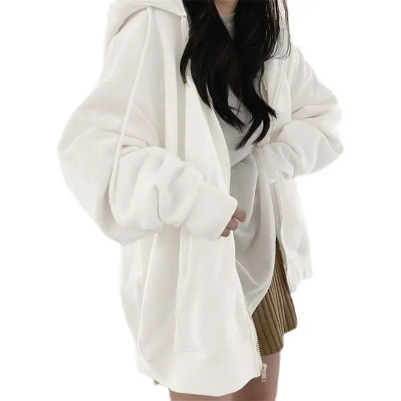 Women Grey Loose Zip Hoodie Autumn Trendy